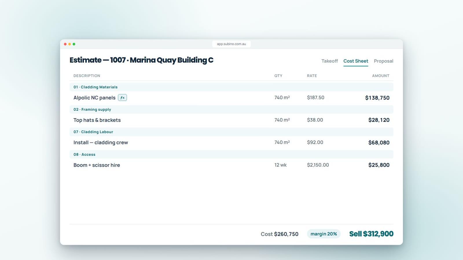 Subino's estimating cost sheet for job 1007 Marina Quay Building C — Alpolic NC panels, top hats and brackets, install labour and access hire priced per unit, totalling a cost of $260,750 and a sell price of $312,900 at 20% margin.