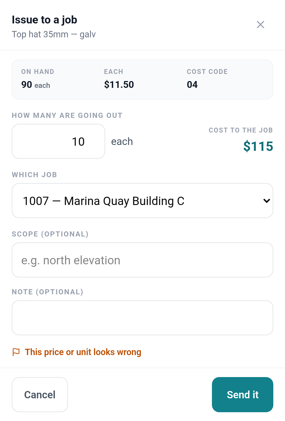 Issuing stock in Subino: 10 top hats at $11.50 each to job 1007, Marina Quay Building C — $115 cost to the job under cost code 04