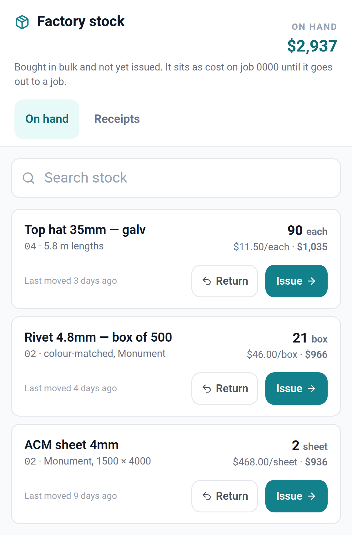Subino factory stock on a phone: $2,937 on hand — 90 top hats 35mm galv at $11.50 each, 21 boxes of rivets at $46.00, 2 ACM sheets 4mm at $468.00 — each with Return and Issue