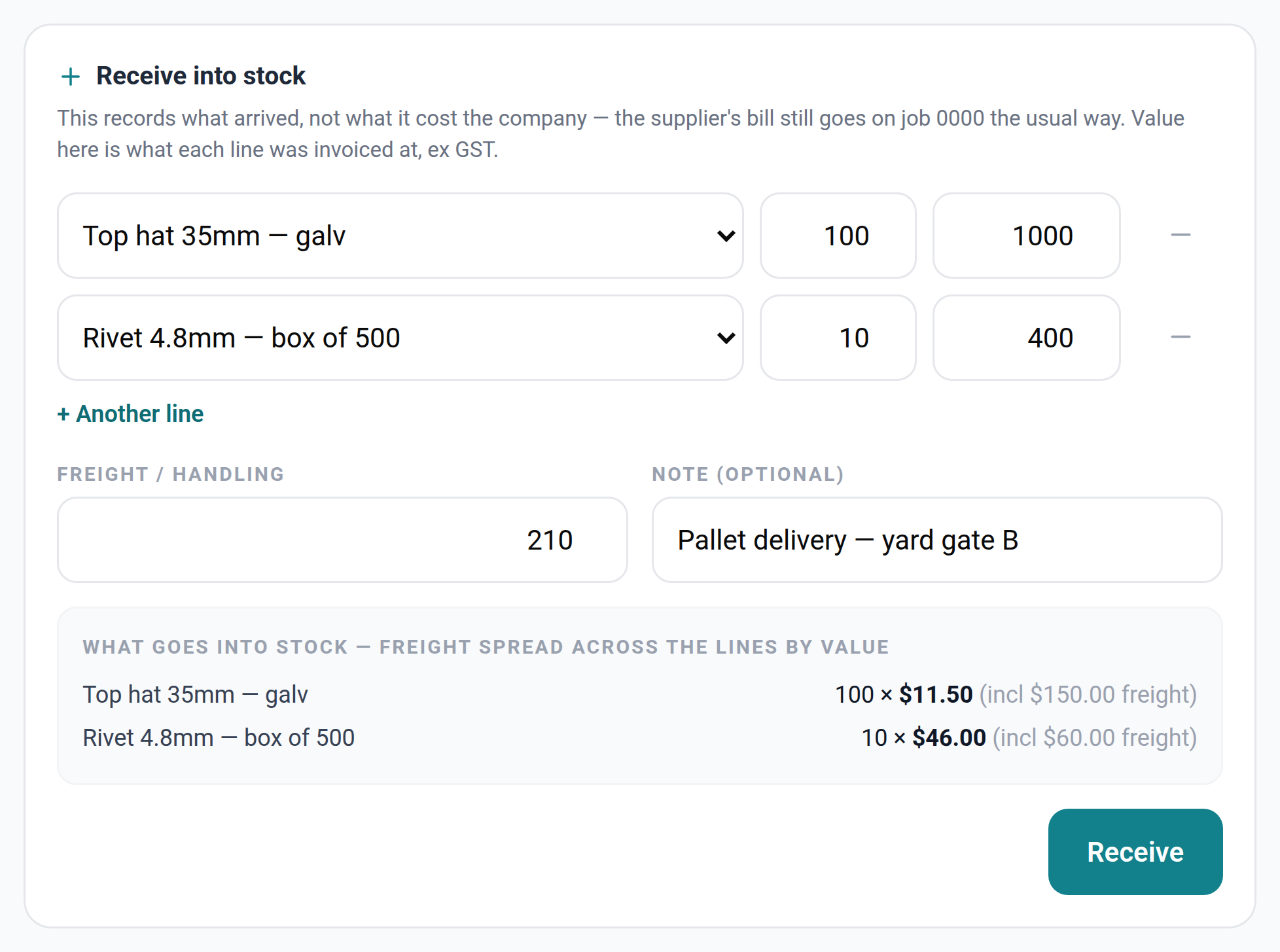 Receiving stock in Subino: 100 top hats for $1,000 and 10 boxes of rivets for $400 with $210 freight, spread across the lines by value — 100 at $11.50 including $150 freight, 10 at $46.00 including $60